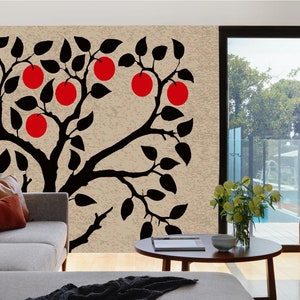 May include: A black silhouette of a tree with red circles representing apples on a beige background. The tree is in a living room setting with a couch, coffee table, and a window with a view of a pool.
