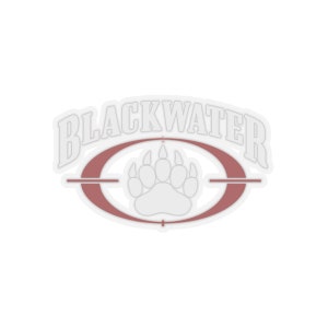 May include: White sticker with the text "BLACKWATER" in a white arch over a red circle with a white bear paw print inside. The circle has a white line across it.