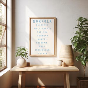 Pueblos de Norfolk - Póster ilustrado a rayas (tamaño A5-A2) / Arte mural costero llamativo / Diseño dibujado a mano / Impresión de calidad museística / Decoración inspirada en Norfolk