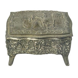 Vintage Silver Plated Edwardian Style Trinket Jewelry Box Red Velvet Lining