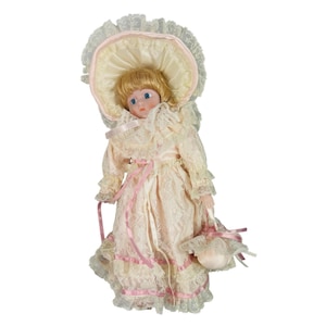 Vintage 16&quot; Porcelain Doll Pink Lace Dress Blonde Hair