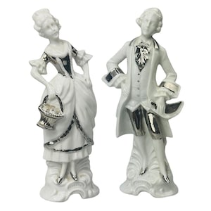 Vintage Porcelain Figurines 18th Century Couple Silver Accents Made in Germany
