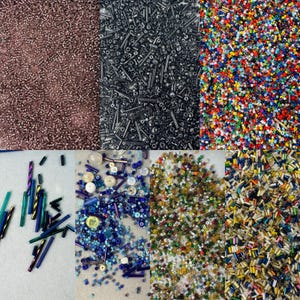 May include: Assortment of colorful seed beads in various shapes and sizes. The beads are arranged in rows and columns, creating a visually appealing pattern. The beads are perfect for jewelry making, crafts, and other creative projects.