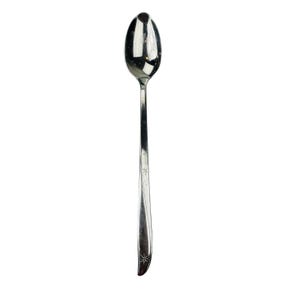 May include: A stainless steel spoon with a long handle and an oval-shaped bowl. The handle features a decorative starburst design. The spoon is designed for serving or eating and is set against a white background.