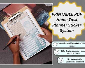 May include: A printable PDF home task planner sticker system with a checklist for daily and weekly tasks. The planner is on a clipboard with a hand holding a pen over it. The image also includes three numbered steps for using the planner.