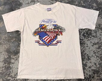 Vintage 90s Proud to Be American Bald Stars Stripes Flag Graphic Shirt Size Large White Color