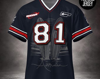 May include: A dark navy blue football jersey with a V-neck collar featuring white and red trim. The front displays the number 81 in white with red and black outlines, a graphic of two surfboards, the word Australia, and the Oscar logo.