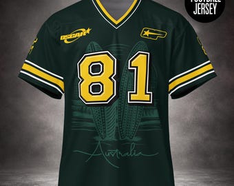 May include: A dark green football jersey with yellow and white trim on the V-neck and sleeves. The front features the number 81 in yellow with a white outline, a graphic of two surfboards, the word Australia, and the text Oscar and Football Jersey.