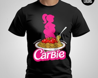 Camiseta unissex Carbie Spaghetti | Estampa de silhueta de macarrão rosa