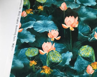 睡蓮の花柄コットンリネン生地、絵画風、大きな蓮のプリント（1/2