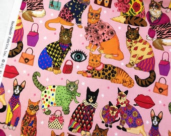 Fashion Cat Fabric 100% Cotton Fabric kitten Fabric Kittens Fabric Animal fabric By Half Yard