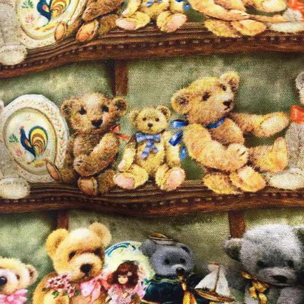 Tissu en coton vintage avec des noeuds, des jouets d'animaux, des ours, un demi-mètre