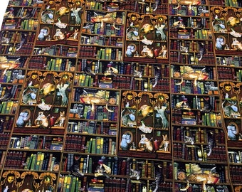 Vintage Retro Cute Cat Fabric Cotton Fabric Animal fabric The Cat on the Bookshelf By Half Yard