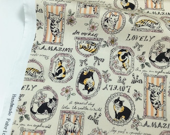 Vintage Cat Fabric Cotton Fabric Floral Fabric Flower Fabric Animal fabric By Half Yard