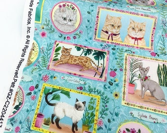 May include: A turquoise blue fabric with a repeating pattern of framed illustrations of cats. Each frame has a pink and yellow border and features a different cat breed. The text "Jane Ruuston", "Coco Calnut", and "Sylvia Pounce" are visible in the frames.