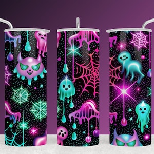 Étiquette décorative pour gobelet d'Halloween avec fantômes et toiles d'araignée - Design néon éclatant pour gobelet de 590 ml (20 oz) - Téléchargement instantané par sublimation