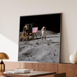 Apollo 16 Moon Landing Poster: Astronaut John Young, US Flag - Space Wall Art