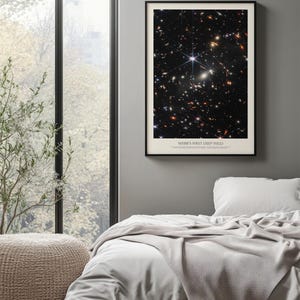a bedroom with a large window overlooking a tree outside. The window has white curtains, and the room has a bed with a gray blanket and a beige ottoman. Above the bed, there is a framed poster of a starry night sky.