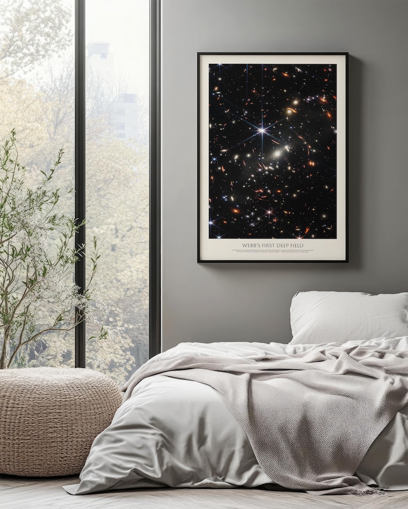 a bedroom with a large window overlooking a tree outside. The window has white curtains, and the room has a bed with a gray blanket and a beige ottoman. Above the bed, there is a framed poster of a starry night sky.