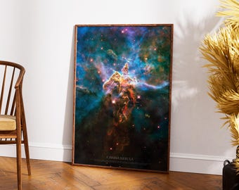 Könnte beinhalten: Ein gerahmter Kunstdruck der Carina-Nebel, der lebendige Blau-, Orange- und Lilatöne zeigt. Die kosmische Szene ist detailliert mit wirbelndem Gas und Staub, vor einem dunklen Hintergrund. Der Druck wird in einem Raum mit Holzboden gezeigt.