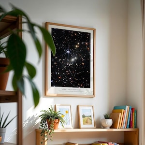 a framed poster of a starry night sky hanging on a wall, with a shelf below it holding various plants and framed pictures.
