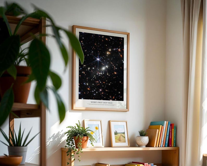 a framed poster of a starry night sky hanging on a wall, with a shelf below it holding various plants and framed pictures.