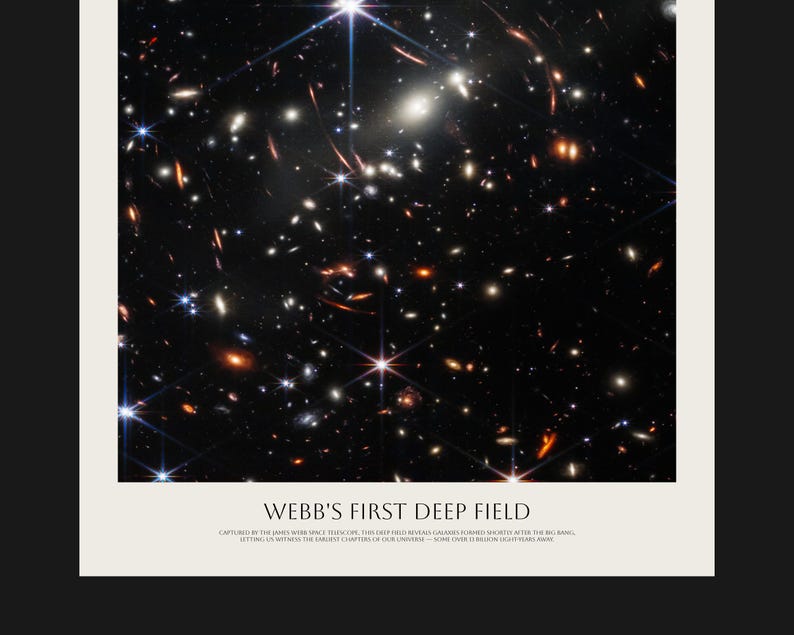 The image is a captivating deep field photograph of a distant galaxy, showcasing the vastness and complexity of the universe.