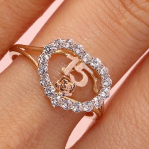 14K Gold 15 Anos Quinceanera Heart RING/ Fifteen CZ Stones for Sweet 15th Birthday Gift / Gift for Her / Birthday Gift