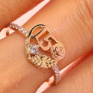 14K Gold 15 Anos Quinceanera Heart RING/ Fifteen CZ Stones for Sweet 15th Birthday Gift / Gift for Her / Birthday Gift
