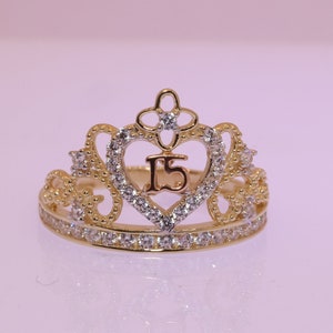 14K Gold 15 Anos CROWN Quinceanera RING/ Fifteen CZ Stones for Sweet 15th Birthday Gift / Gift for Her / Birthday Gift