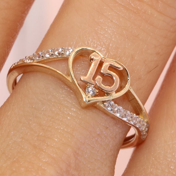 14K Gold 15 Anos Quinceanera HEART RING/ Fifteen CZ Stones for Sweet 15th Birthday Gift / Gift for Her / Birthday Gift