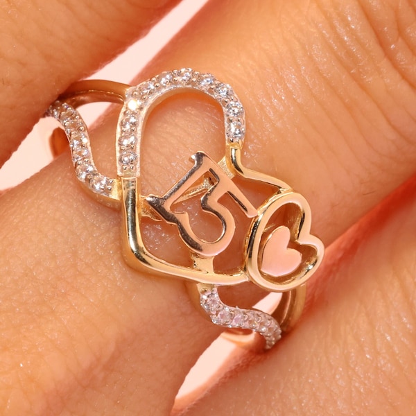 14K Gold 15 Anos Quinceanera Heart RING/ Fifteen CZ Stones for Sweet 15th Birthday Gift / Gift for Her / Birthday Gift