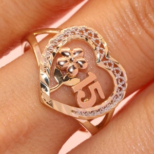 14K Gold 15 Anos Quinceanera Heart RING/ Fifteen CZ Stones for Sweet 15th Birthday Gift / Gift for Her / Birthday Gift