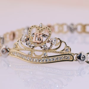 14K Gold 15 Anos Quinceanera Bracelet/ Fifteen CZ Stones for Sweet 15th Birthday Gift / Gift for Her / Birthday Gift