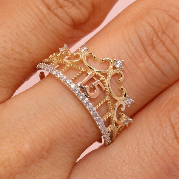 14K Gold 15 Anos Quinceanera Crown RING/ Fifteen CZ Stones for Sweet 15th Birthday Gift / Gift for Her / Birthday Gift