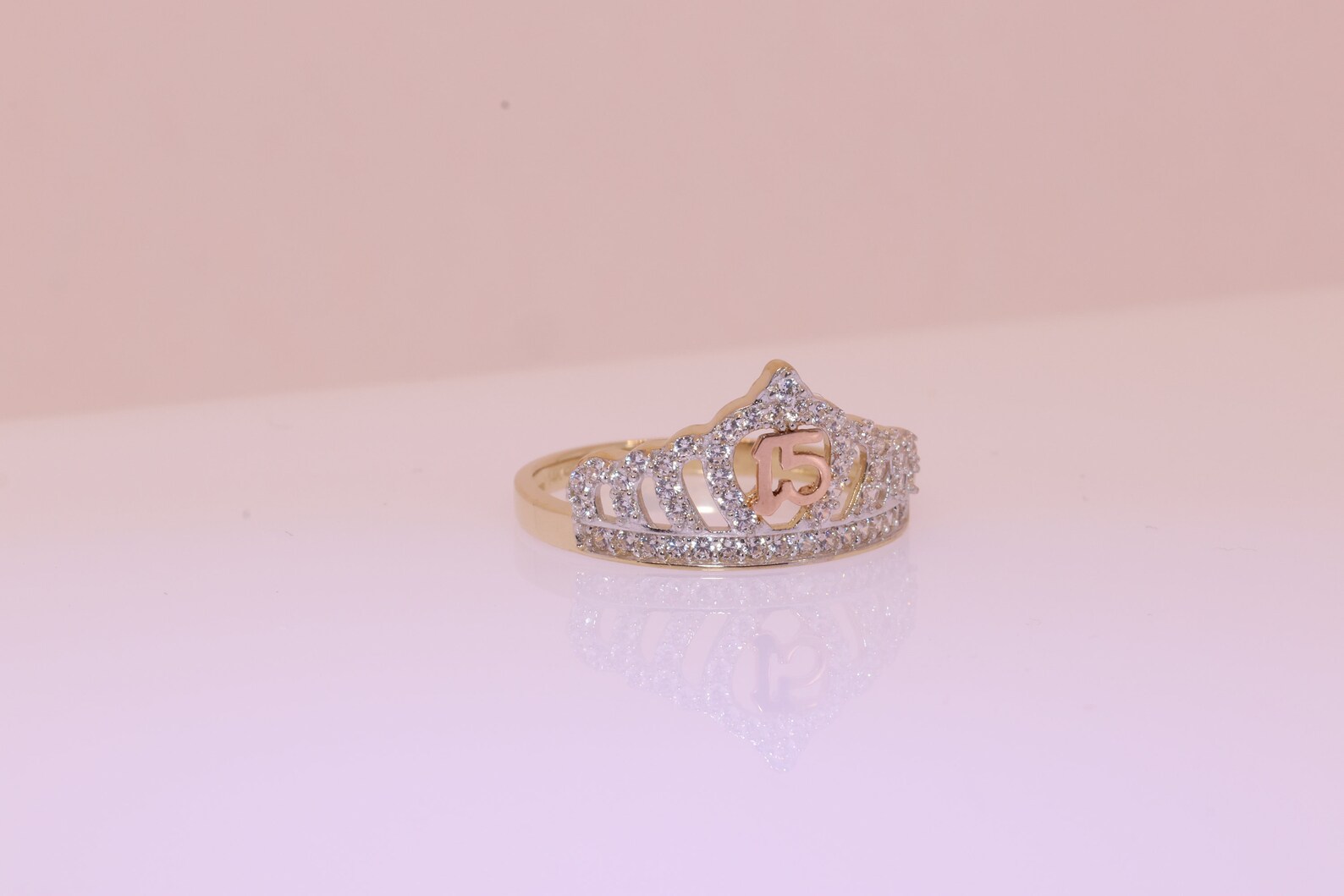 14K Gold 15 Anos Quinceanera Crown RING/ Fifteen CZ Stones