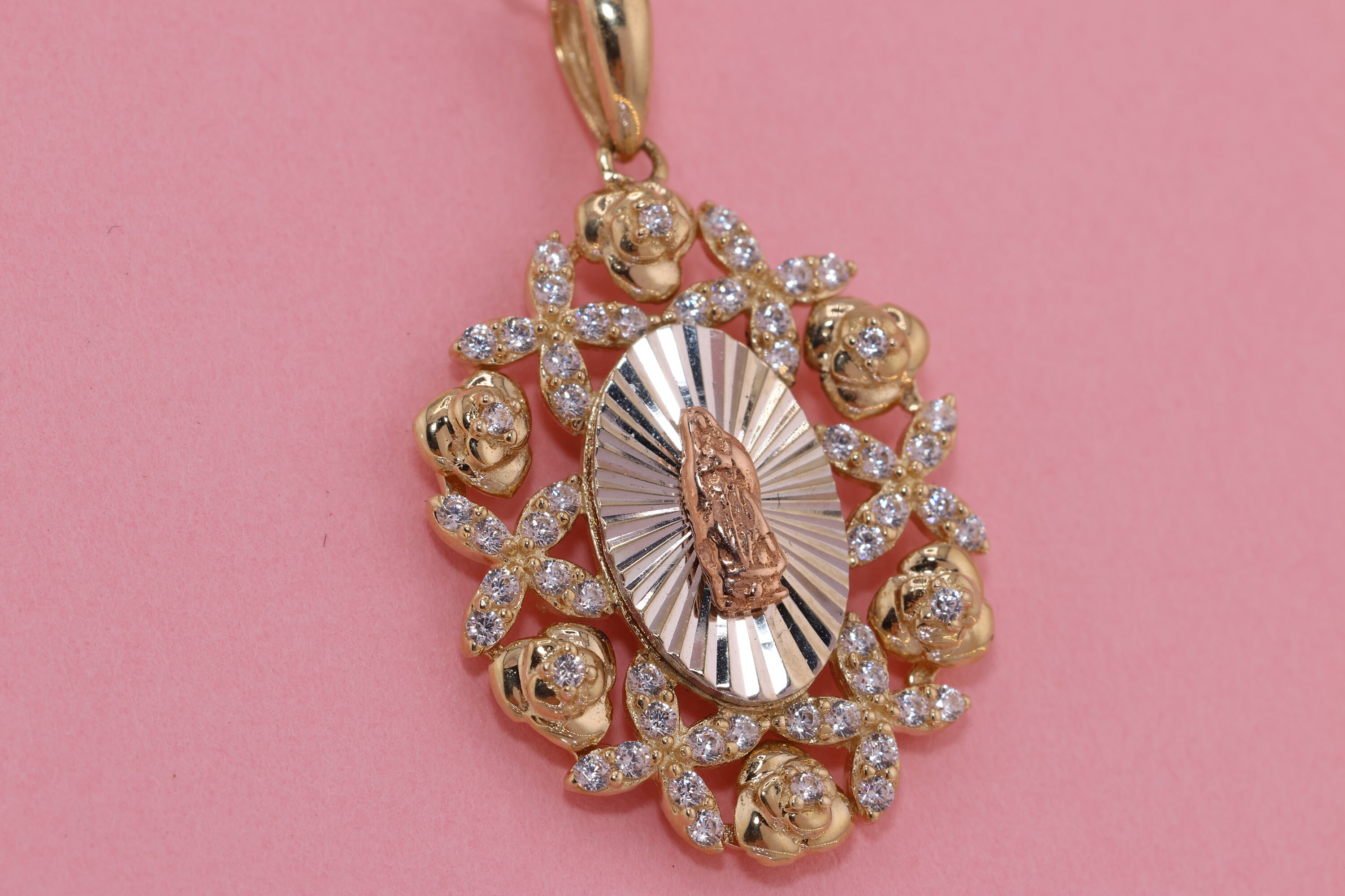 14k Solid Gold Virgin Mary Heart Pendant/ Virgin Maria Lady Guadalupe ...