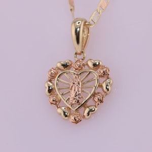 14k Solid Tiny Gold Virgin Mary Heart Pendant/ Virgin Maria Lady ...