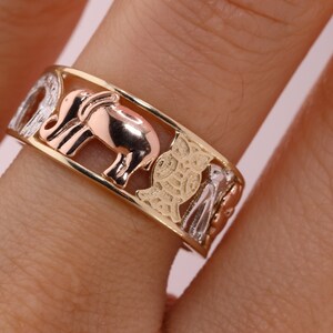 14k Tri Color CZ Elephant Band Ring / 14k Good Luck Elephant Band Ring / Animal Ring / 14k Lucky Rings