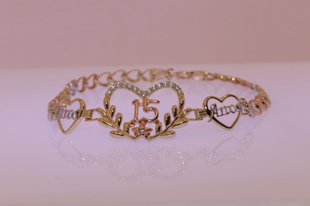 14K Gold 15 Anos Quinceanera Bracelet/ Fifteen CZ Stones for Sweet 15th