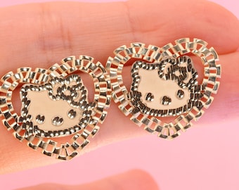 10K Solid Gold Heart Rolex Style Kitty Earrings / Cute Kitty Cat Earrings /kids gold earrings/Kitty Stud Earrings