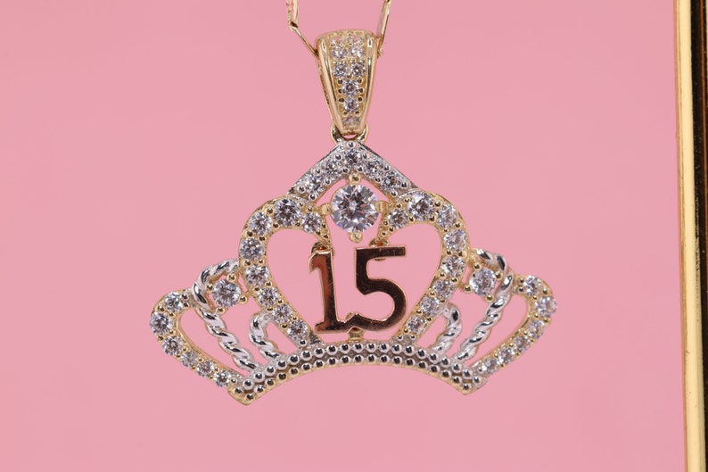 14K Gold 15 Anos Quinceanera Crown Pendant/ Fifteen CZ Stones for Sweet ...