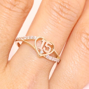14K Gold 15 Anos Quinceanera HEART RING/ Fifteen CZ Stones for Sweet 15th Birthday Gift / Gift for Her / Birthday Gift