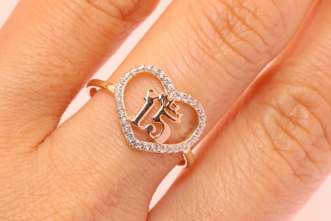 14K Gold 15 Anos Heart Quinceanera RING/ Fifteen CZ Stones for Sweet