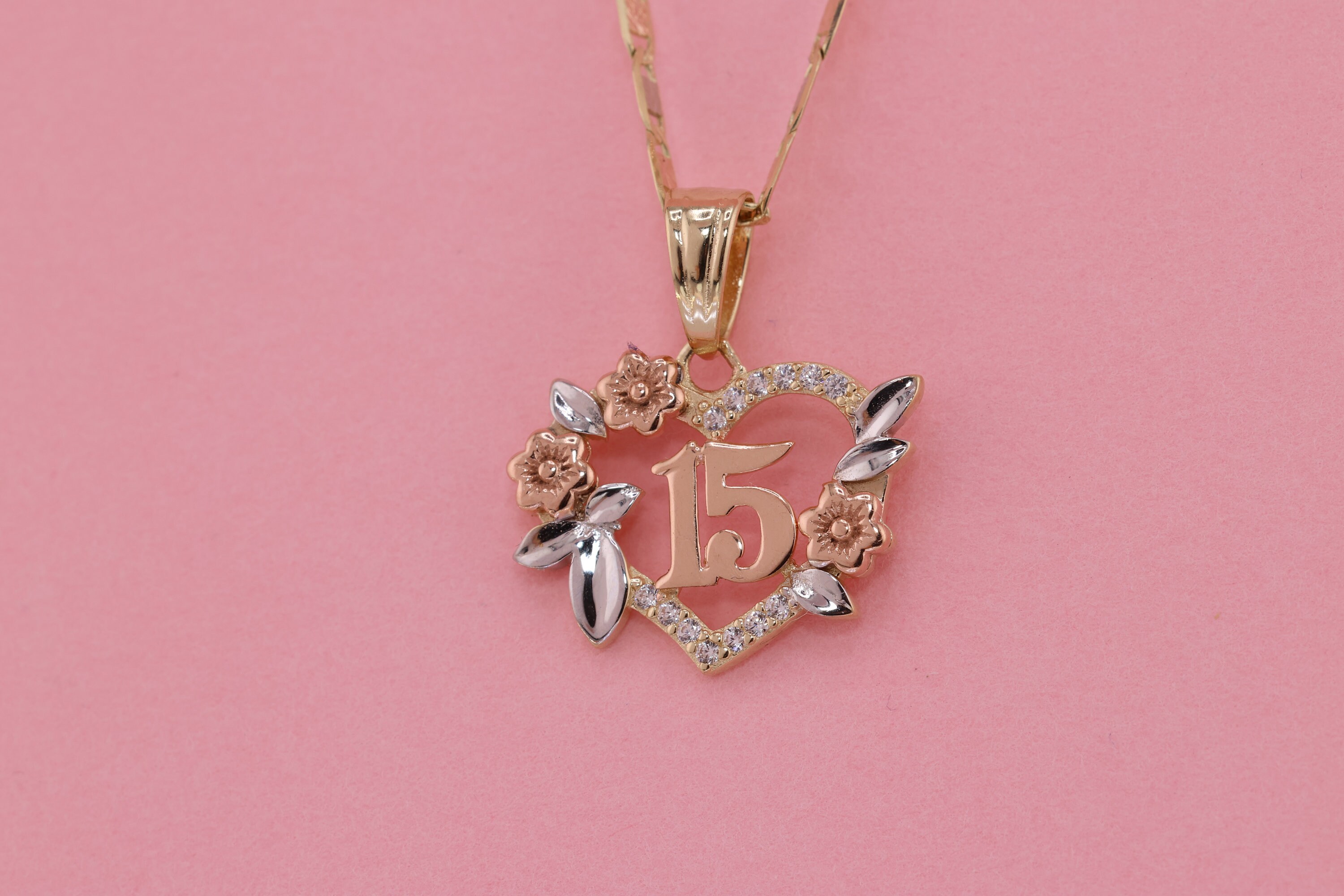 14K Gold 15 Anos Quinceanera Pendant/ Fifteen CZ Stones for Sweet 15th ...