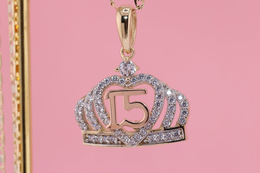 14K Gold 15 Anos Quinceanera Crown Pendant/ Fifteen CZ Stones for Sweet ...