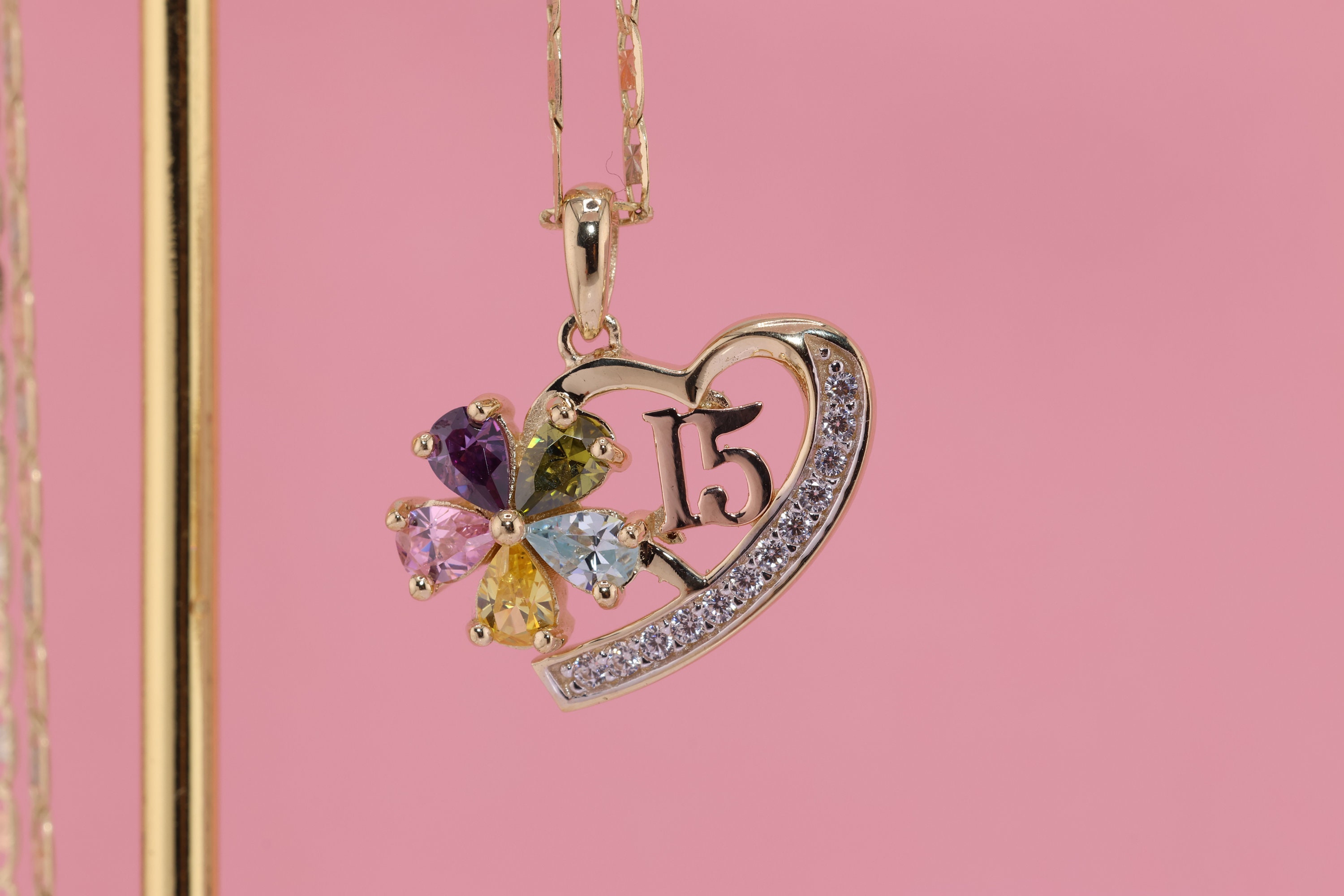 14K Gold 15 Anos Quinceanera Crown Pendant/ Fifteen CZ Stones for Sweet ...