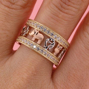 14k Tri Color CZ Elephant Band Ring / 14k Good Luck Elephant Band Ring / Animal Ring / 14k Lucky Rings