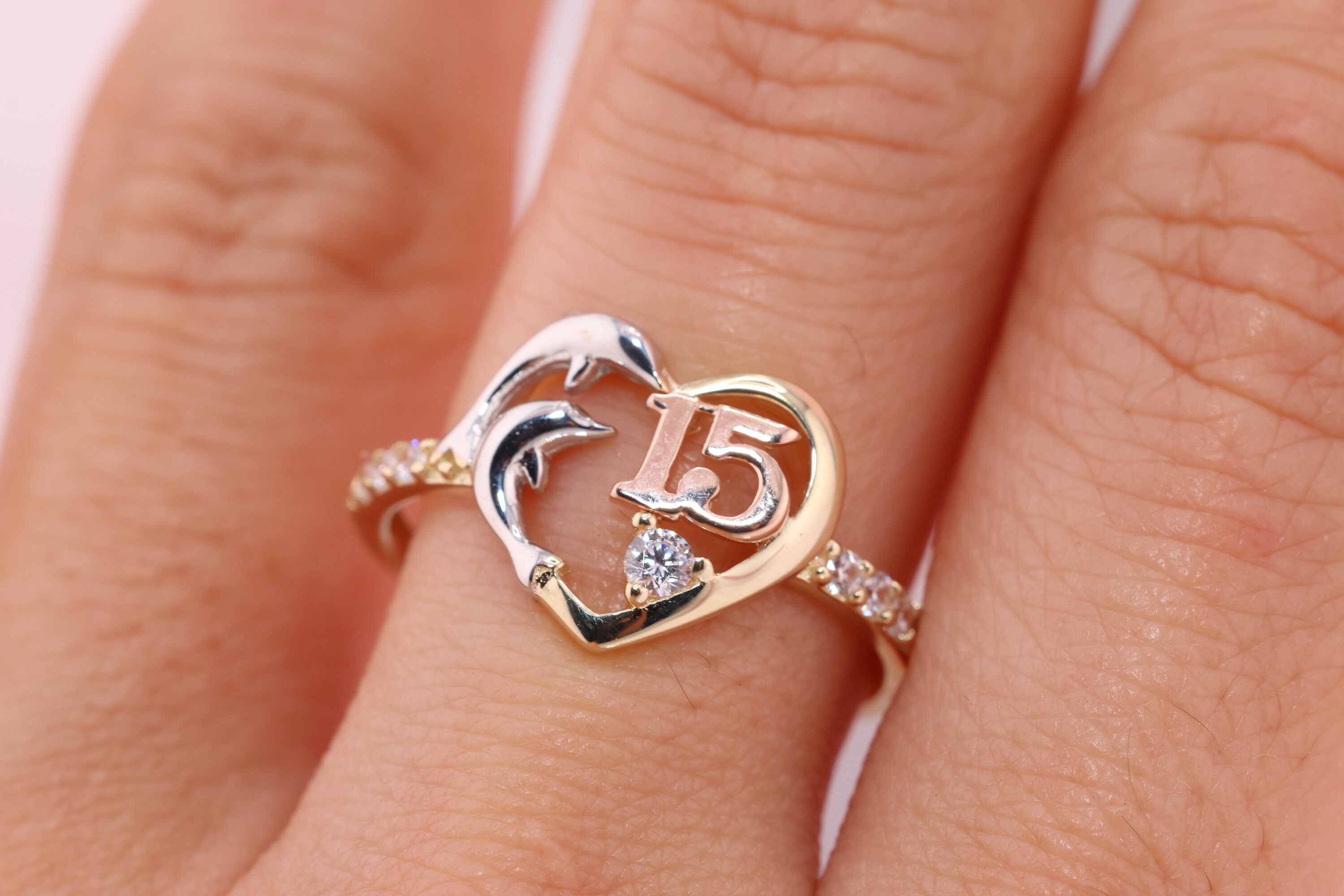 14K Gold 15 Anos Quinceanera Crown RING/ Fifteen CZ Stones for Sweet 15 ...