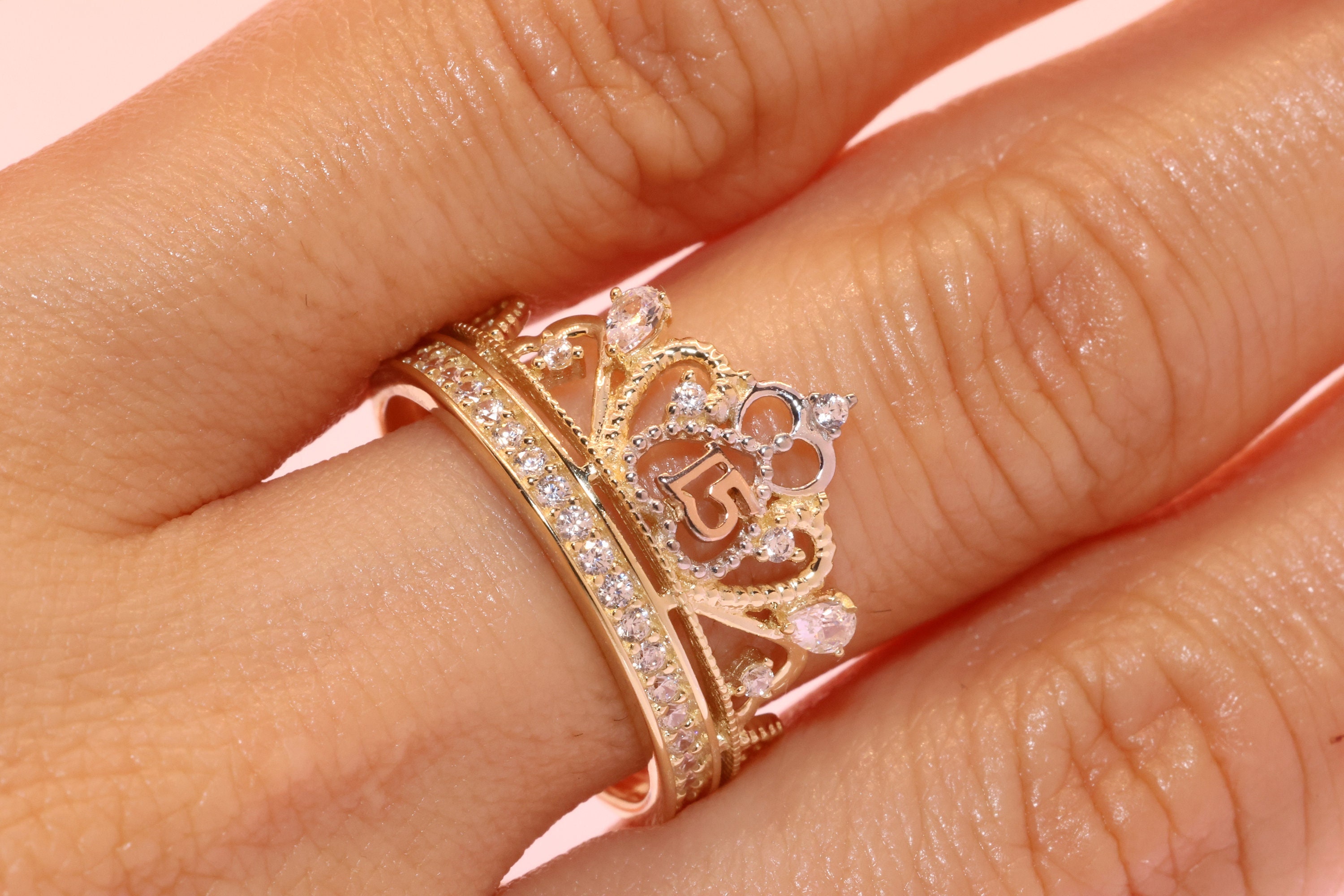 14K Gold 15 Anos Quinceanera Crown RING/ Fifteen CZ Stones